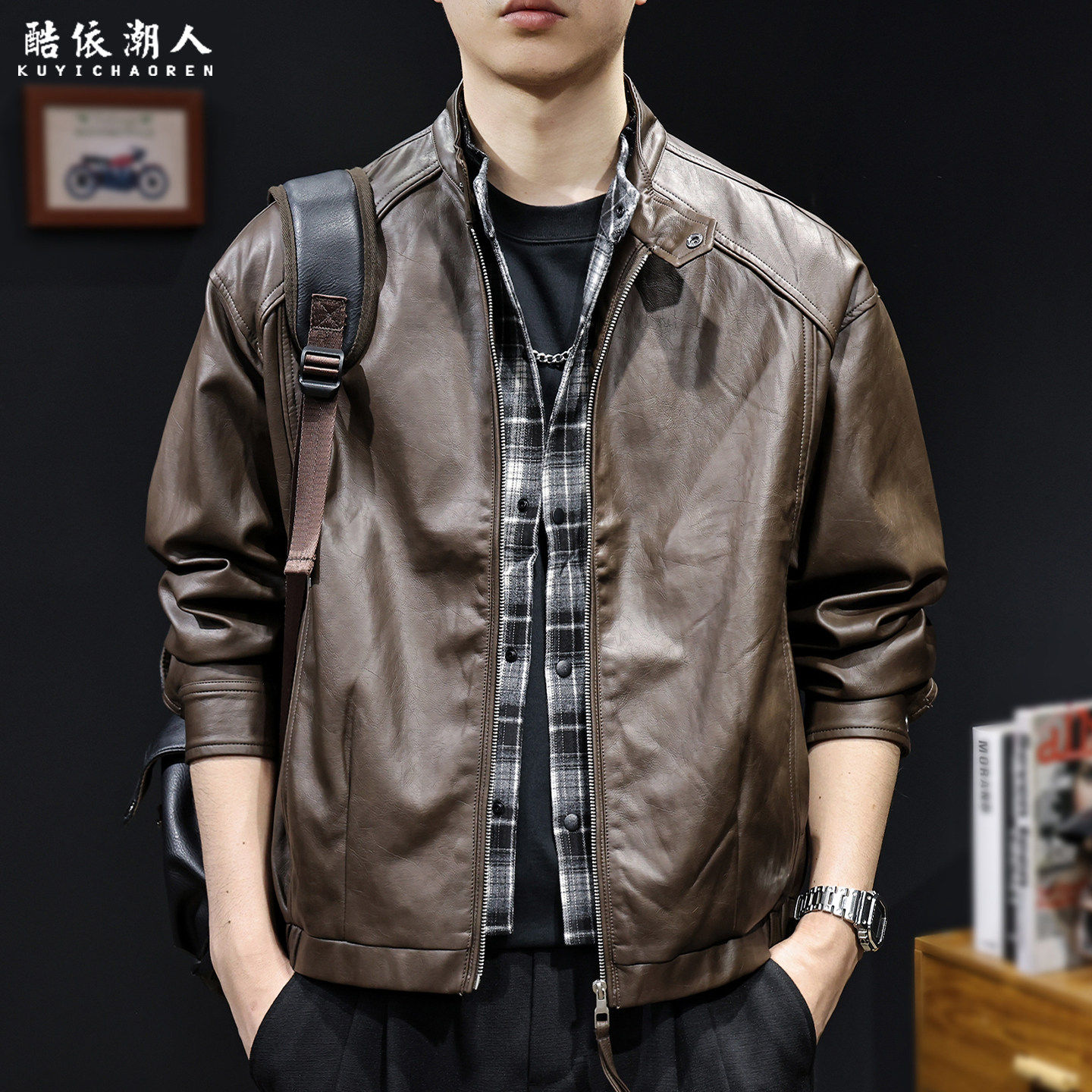 「假两件」立领机车皮衣男秋季新款复古咖色短款PU皮夹克潮流外套