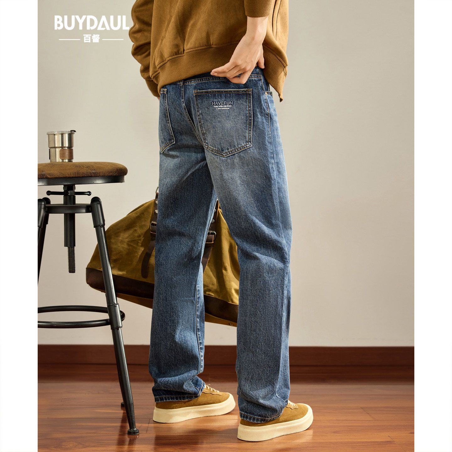 美式复古直筒牛仔裤男士2025新款秋冬季加绒水洗做旧宽松休闲长裤