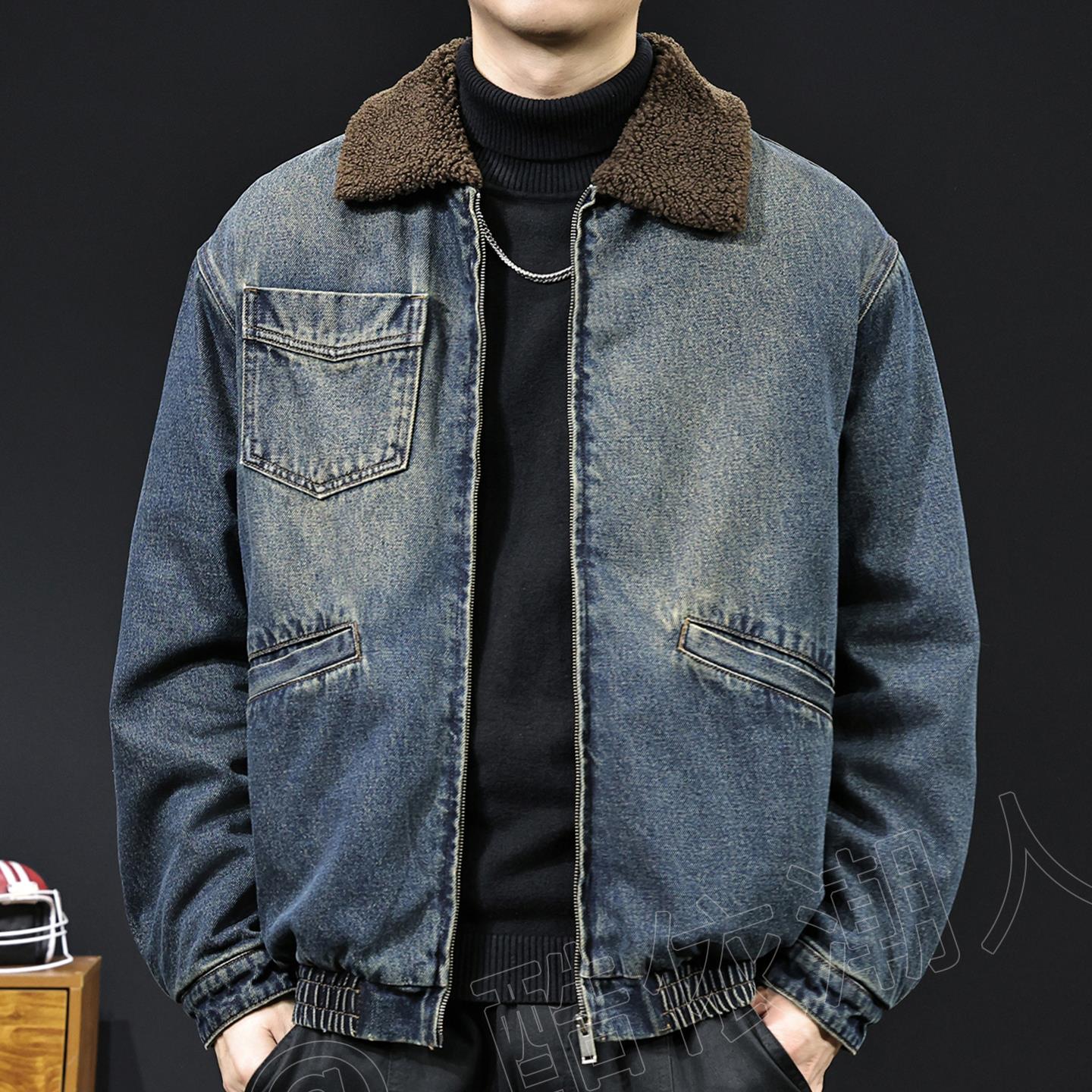 美式复古羊羔绒加厚牛仔外套男冬季工装夹克保暖棉服