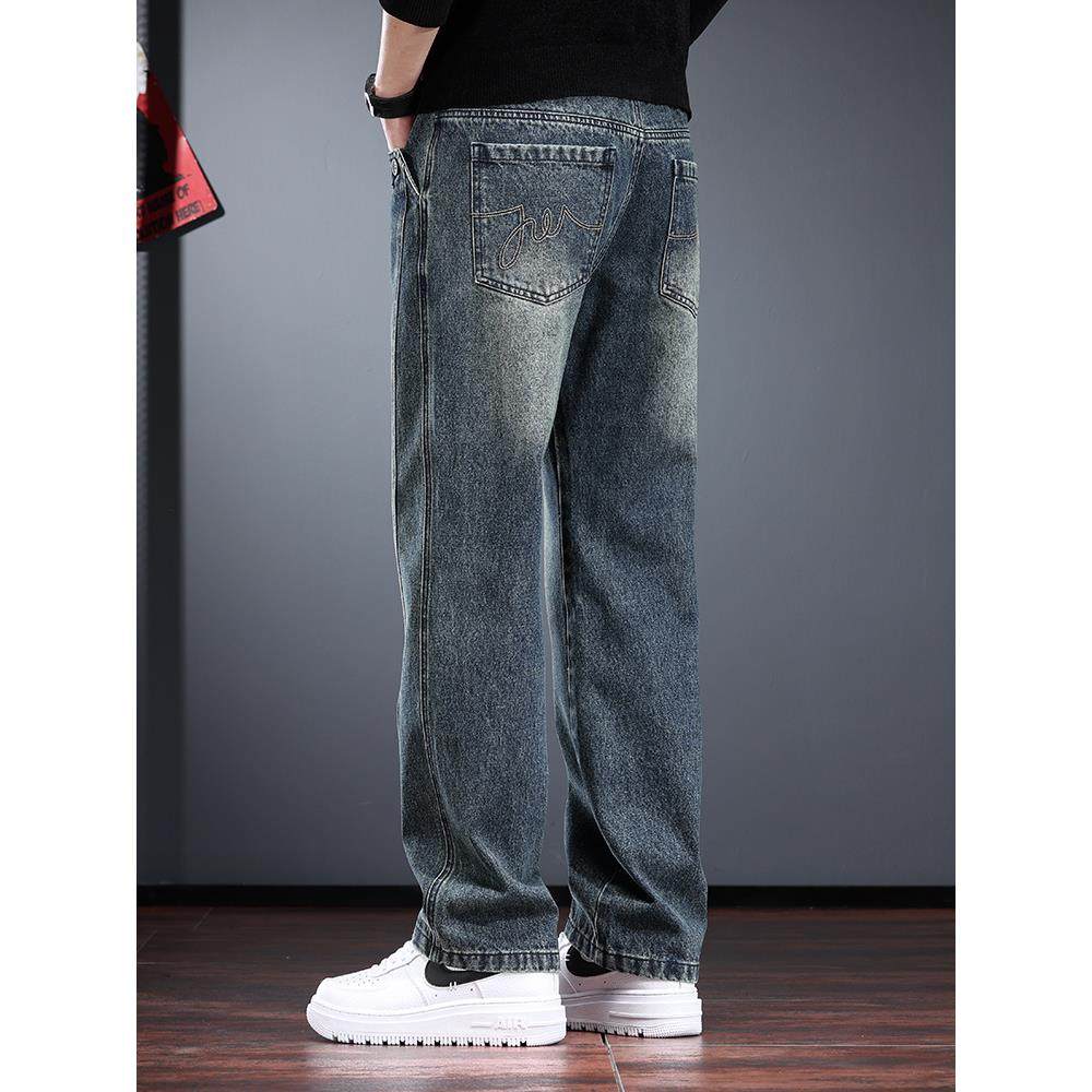 美式复古男士牛仔裤秋冬款宽松直筒长裤高街丹宁水洗工装裤痞帅潮