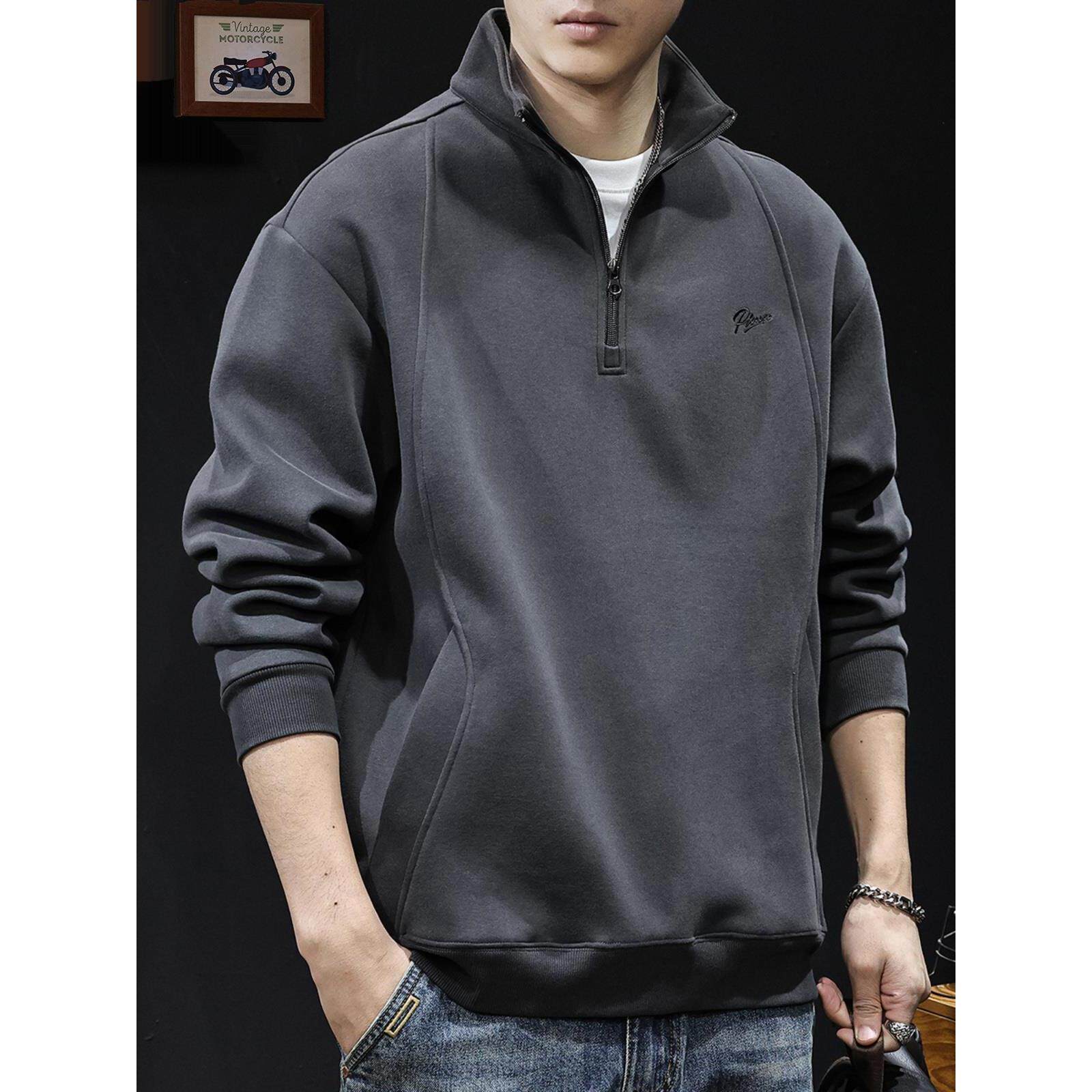 半高领加绒卫衣男2026新款春秋重磅男装大码男士插袋潮牌衣服春季