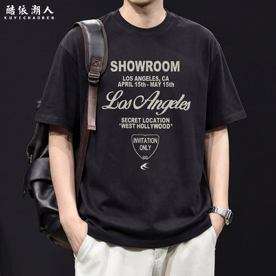 美式字母印花短袖T恤男士夏季2026新款圆领潮牌宽松大码柔软体恤