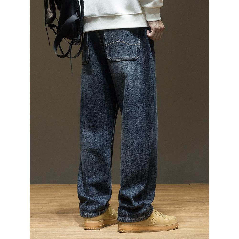 2025秋冬新款直筒牛仔裤男士高端潮牌宽松大码加绒加厚休闲长裤子