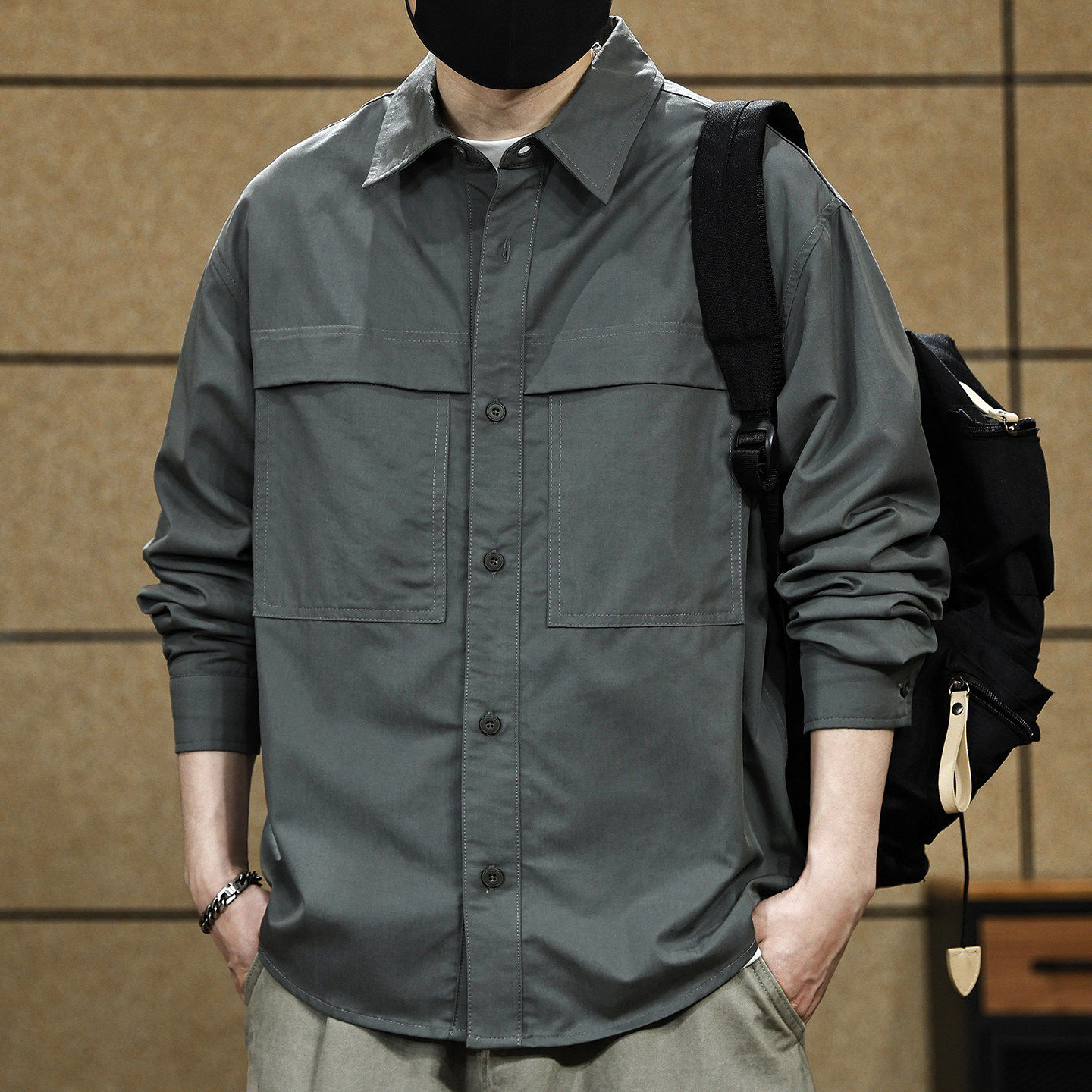 美式复古工装长袖衬衫男士2026春季新款宽松莱赛尔棉混纺衬衣外套