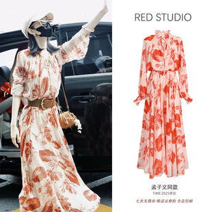 孟子义同款荷叶边雪纺碎花连衣裙超仙飘逸度假风轻奢重工钉珠长裙