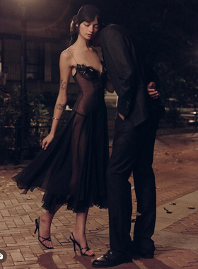 美国购黑色花朵装饰handmade真丝礼服裙