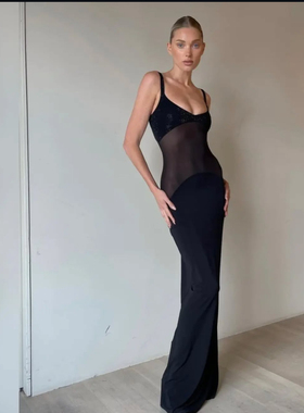 美国代购elsahosk三色腰部挖空透视吊带长裙礼服裙