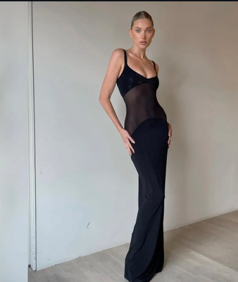 美国代购elsahosk三色腰部挖空透视吊带长裙礼服裙