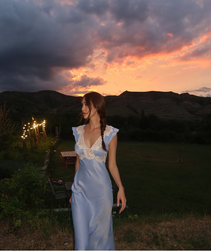 美国购买蓝色蕾丝拼接飞袖连衣裙Silk dress