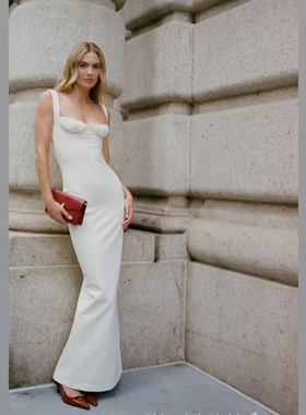 美国代购elsahosk新品胸前褶皱包身白色宽吊带长裙