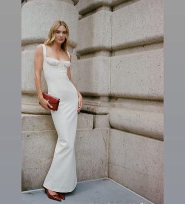 美国代购elsahosk新品胸前褶皱包身白色宽吊带长裙