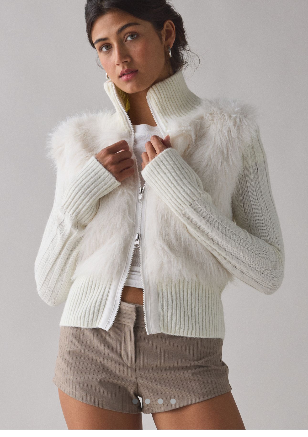 美国购环保毛绒绒皮草拼接针织三色夹克外套