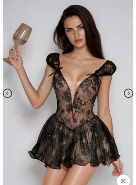 美国购买！inno黑色类似拼接泡泡袖A字复古迷你裙