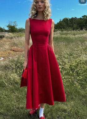 美国代购elsahosk同款三色一字领无袖背心伞裙Stren dress