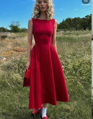 美国代购elsahosk同款三色一字领无袖背心伞裙Stren dress