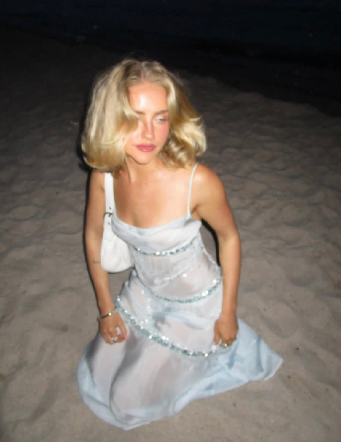 美国购高透蓝色钻石流苏闪闪美人鱼吊带裙beadediceblue