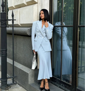 半裙套装 俄罗斯购买蓝色条纹收腰西装 外套西装