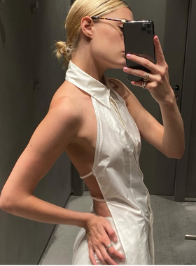 美国购STS白色挂脖polo衬衫领子纯棉露背绑带衬衫背心