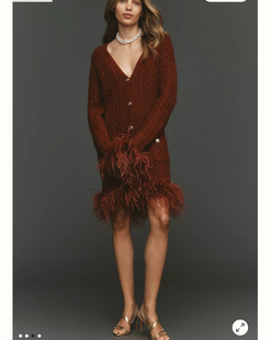 美国购酒红色圣诞红鸵鸟毛针织连衣裙深v毛衣裙faux dre