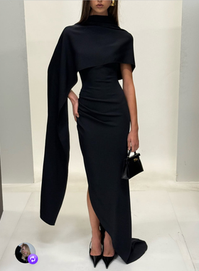 美国购买helsa黑色围巾披肩高开叉礼服裙anast dress