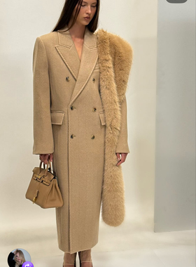 美国购买驼色双排扣廓形大衣外套boyfrien coat