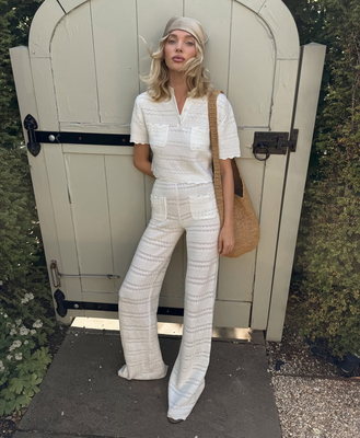 美国购elsahosk针织白色短袖上衣+白色