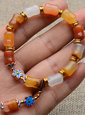 玉品云南红色黄龙玉圆柱形珠手链镶嵌冰种透明桶珠手串水花草珠串