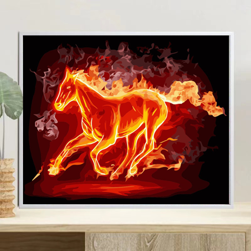 数字油画diy白马骏马油彩填充画手工涂色丙烯画客厅五骏图冰与火