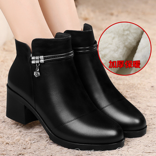 3515强人女靴冬季 保暖加绒羊毛靴真皮粗跟短靴英伦风女靴子冬靴