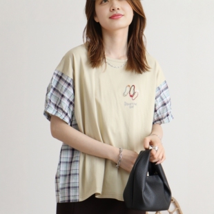 春夏新品 sz捻汗布袖子拼接棉亚麻布格纹宽松刺绣T恤女