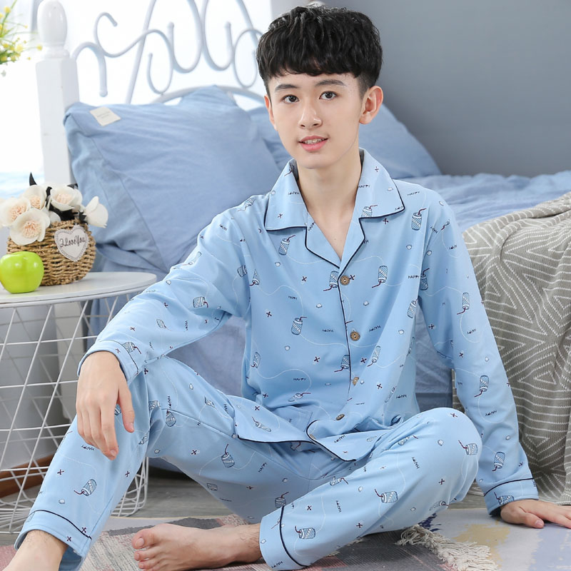 睡衣男大童秋季纯棉薄款长袖青少年15岁初中生春秋全棉家居服套装
