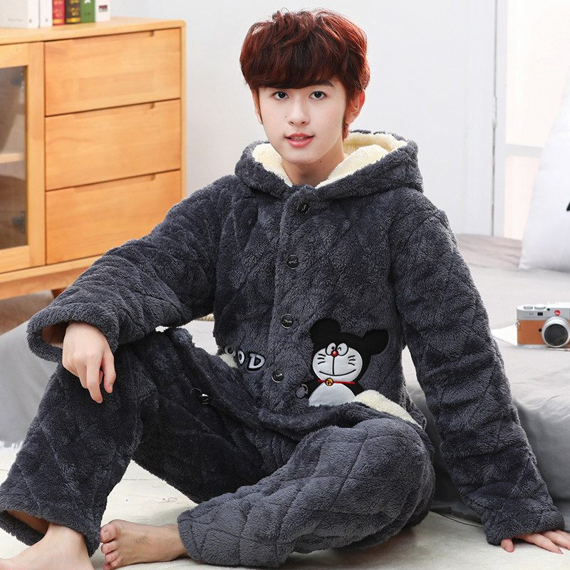 睡衣男童青少年冬季加绒加厚三层夹棉珊瑚绒初中生15岁男孩家居服