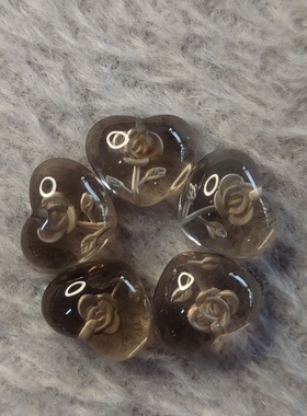 天然水晶茶晶原石打磨雕刻件心形内雕玫瑰半孔