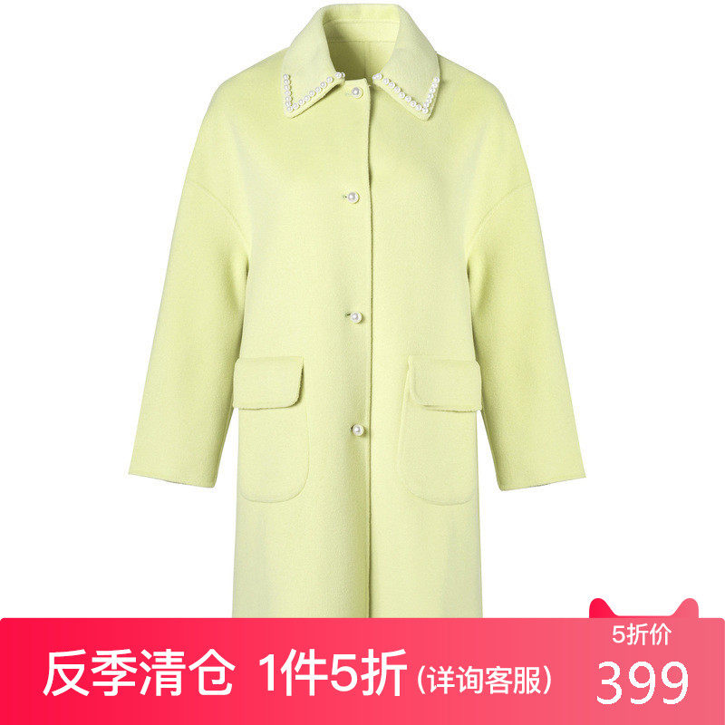 三彩流行单排扣中长款宽松双面呢大衣女羊毛呢子外套