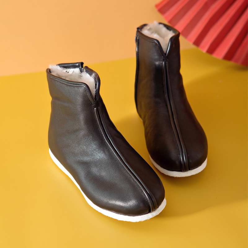内联升情侣款牛皮羊毛里高帮棉鞋