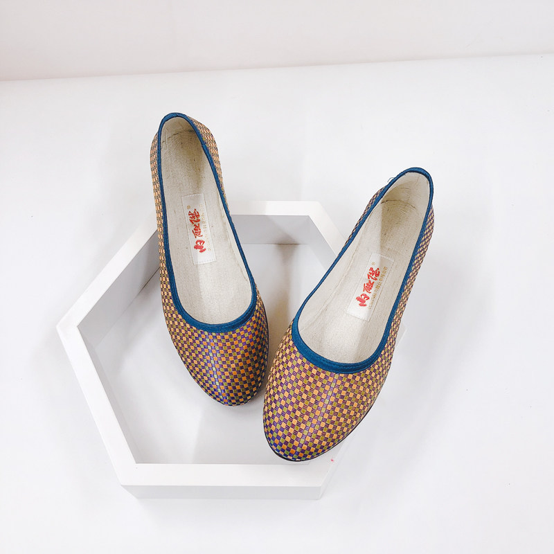 内联升女鞋春秋季手工单鞋镶芯织锦缎海元圆头平底皮便鞋7203a