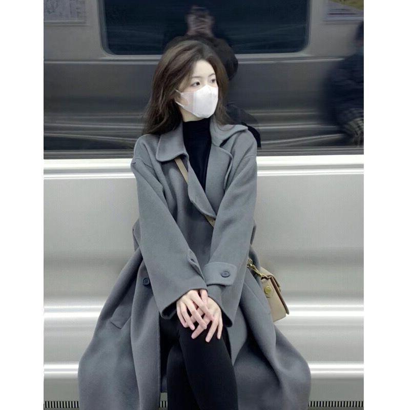 东大门灰色毛呢外套2025秋冬季新款呢子大衣加厚中长款气质赫本风