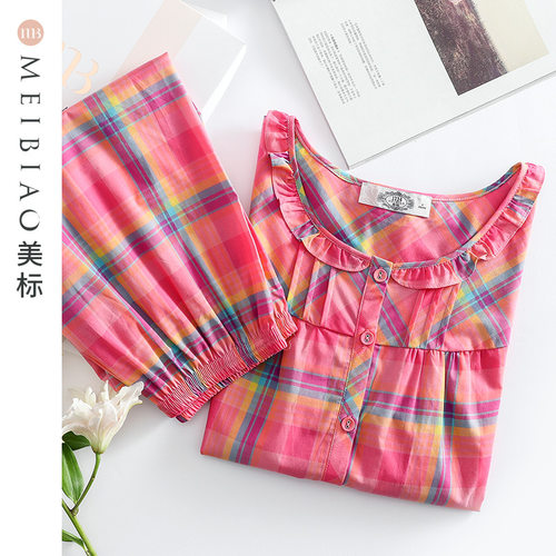 美标春夏女士纯棉短袖睡衣薄款全棉质格子开衫家居服套装秋可外穿 - 封面
