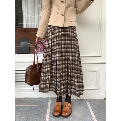 Even一雯【焦糖拿铁】韩系高智感休闲百搭秋冬百褶格纹半身长裙