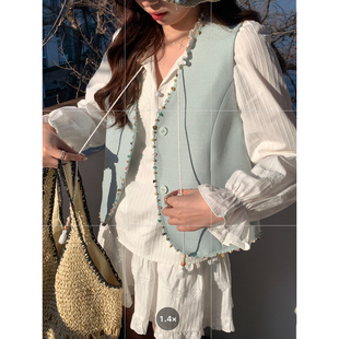 Even一雯 韩系高智气质蓝色马甲百搭叠穿度假风外套女 海蓝碎珀