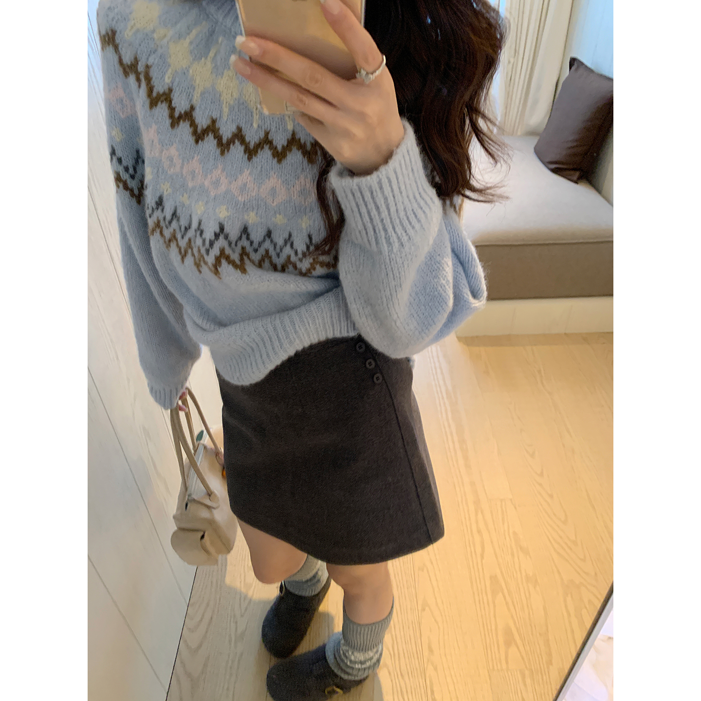 Even一雯【梨涡浅雾】韩系高智感秋冬含羊毛休闲日常百搭灰色半裙