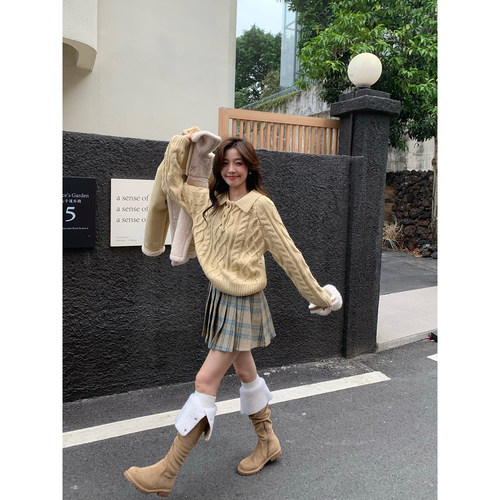 Even一雯【冰晶旋律】韩系高智气质秋冬百搭复古卡其色半身百褶裙