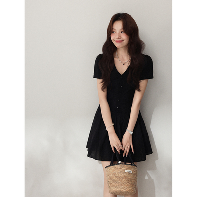 清仓Even一雯【黑松露】韩系高智感收腰连衣裙女夏季气质短袖裙子