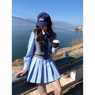 Even一雯【时尚见习生】韩系高智蓝白条纹连衣裙休闲百搭衬衫短裙