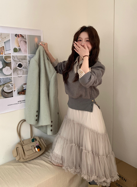 Even一雯【灰调月光】韩系高智感法式网纱肌理感褶皱温柔百搭纱裙