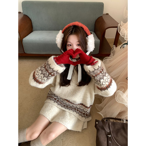 Even一雯【燕麦奶铁】韩系高智感圆领温柔日常毛衣半裙套装带围巾