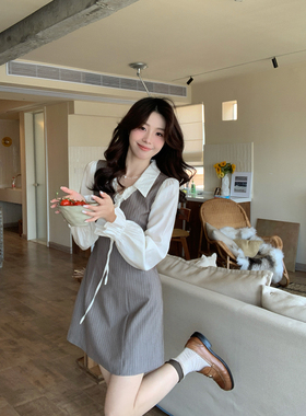 Even一雯【条纹梦境】韩系高智miu系棕条纹拼接假两件长袖连衣裙