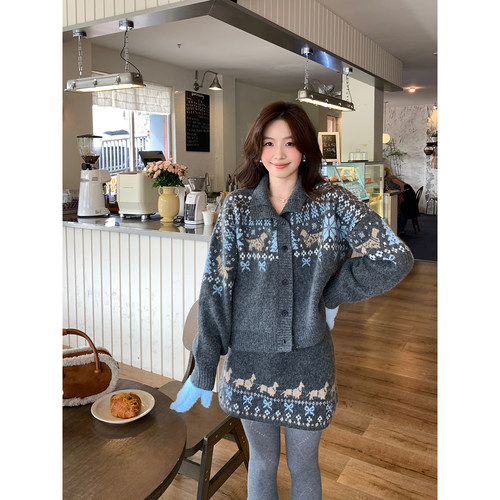 Even一雯【雪花修狗】韩系高智感精致复古含羊毛毛衣+半裙套装