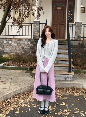 Even一雯【芋泥甜卷】韩系高智感100棉紫色休闲高腰A摆半身长裙