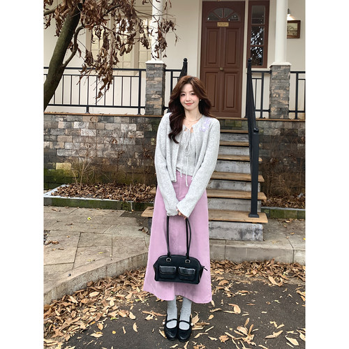 Even一雯【芋泥甜卷】韩系高智感100棉紫色休闲高腰A摆半身长裙